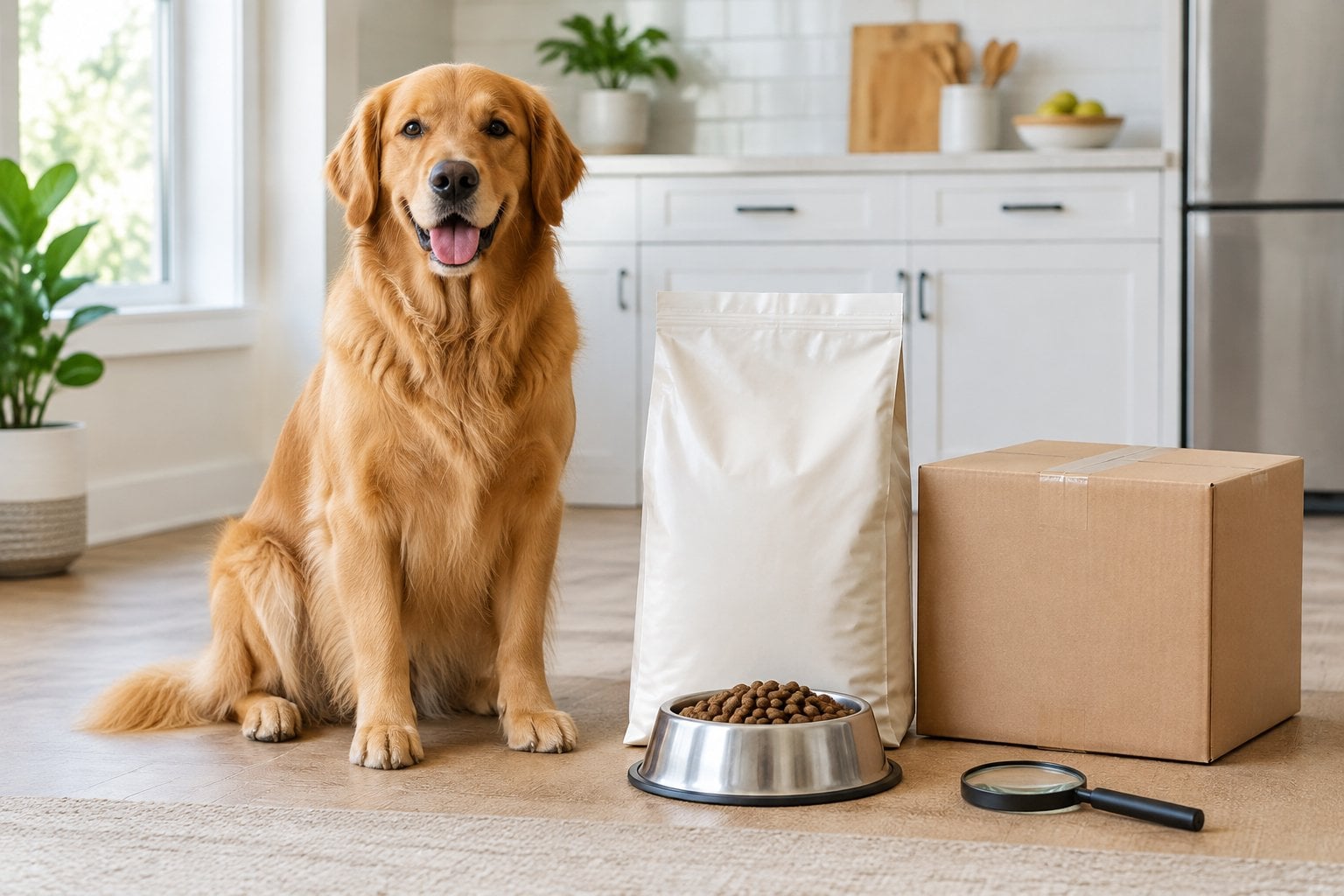 A golden retriever sits beside a bag of dog food and a bowl in a kitchen.