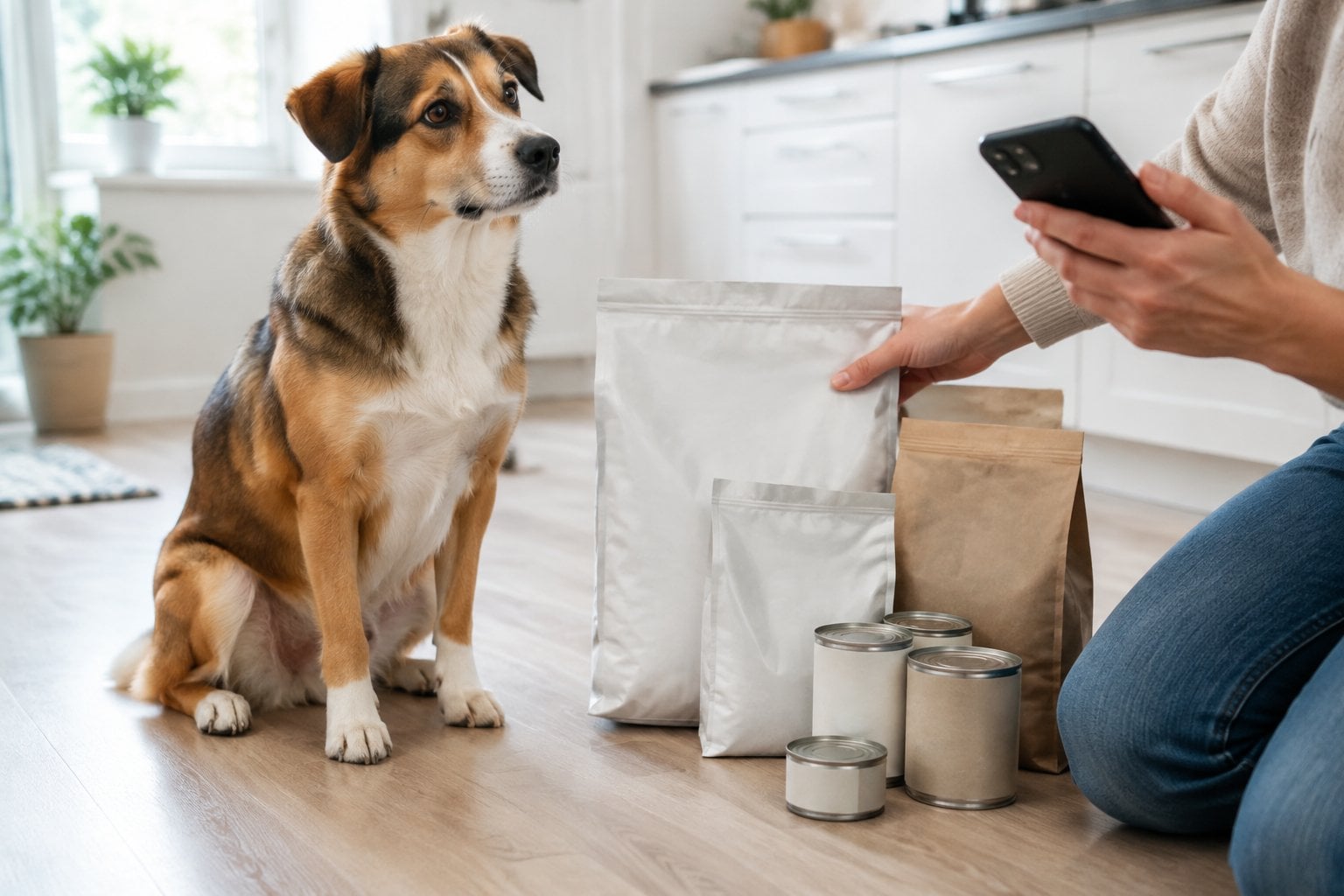 A dog sits beside pet food packages as its owner checks one.