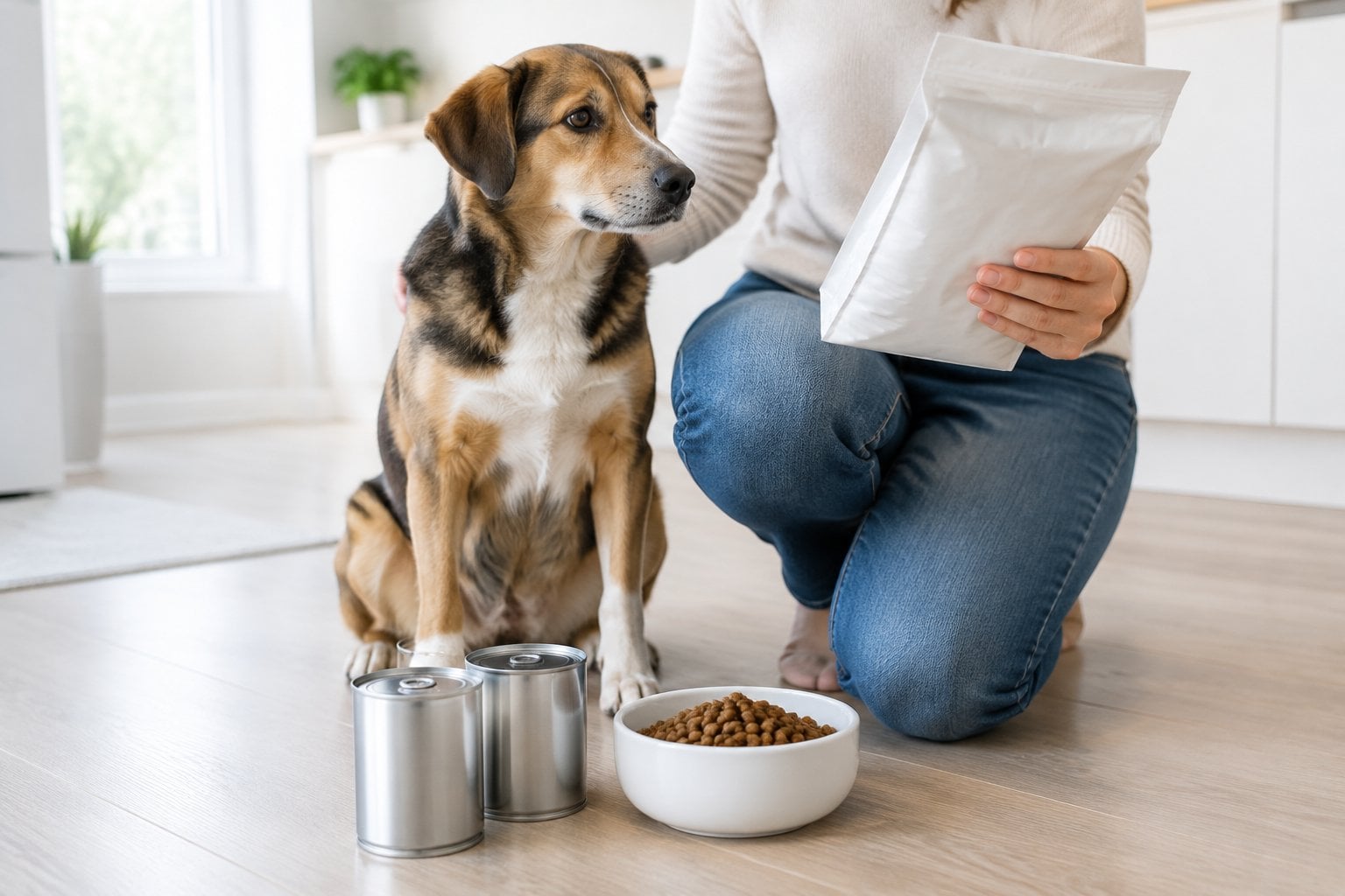 A dog sits beside a bowl of kibble and unmarked pet food packages while its owner checks a package.
