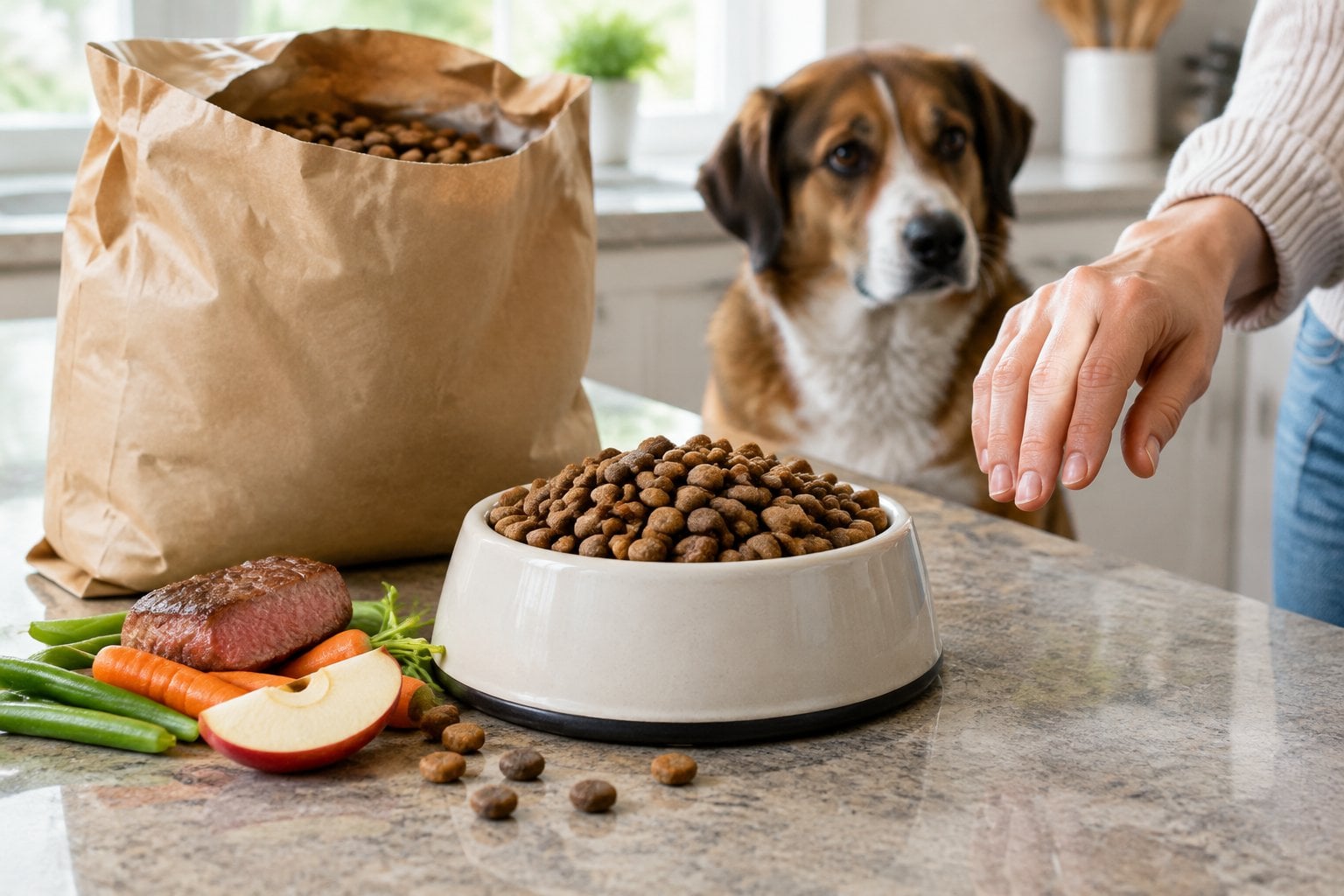 A bowl of dry dog food sits beside a plain bag as a dog waits nearby.