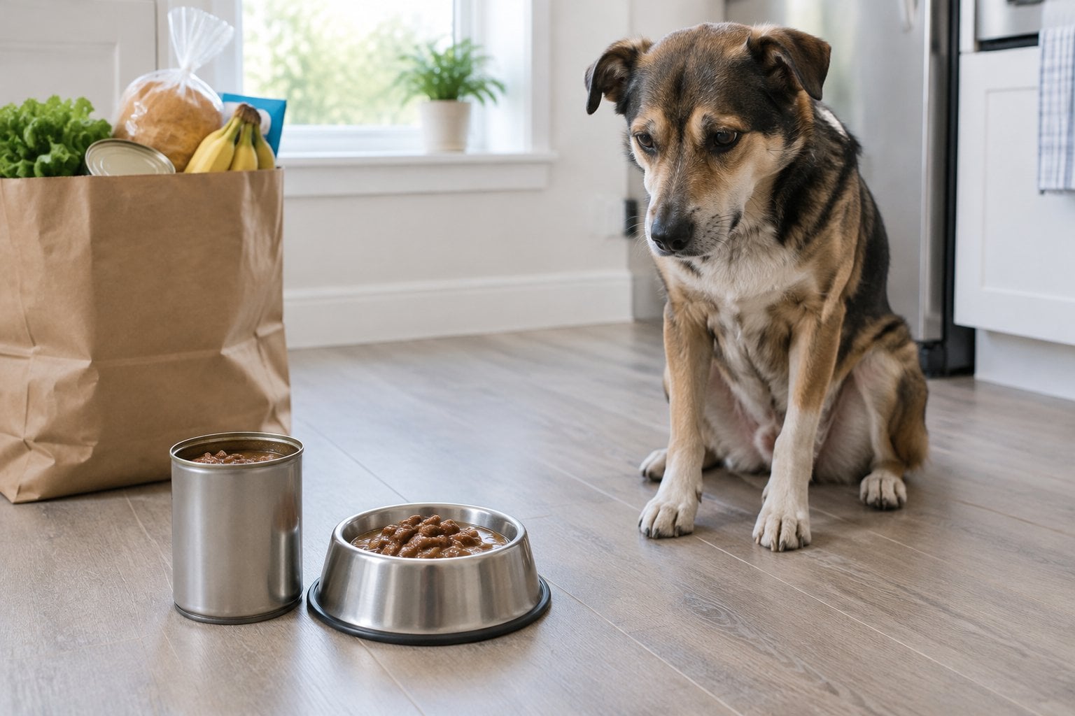 A dog sits beside a bowl of beef-style wet food and an open can.