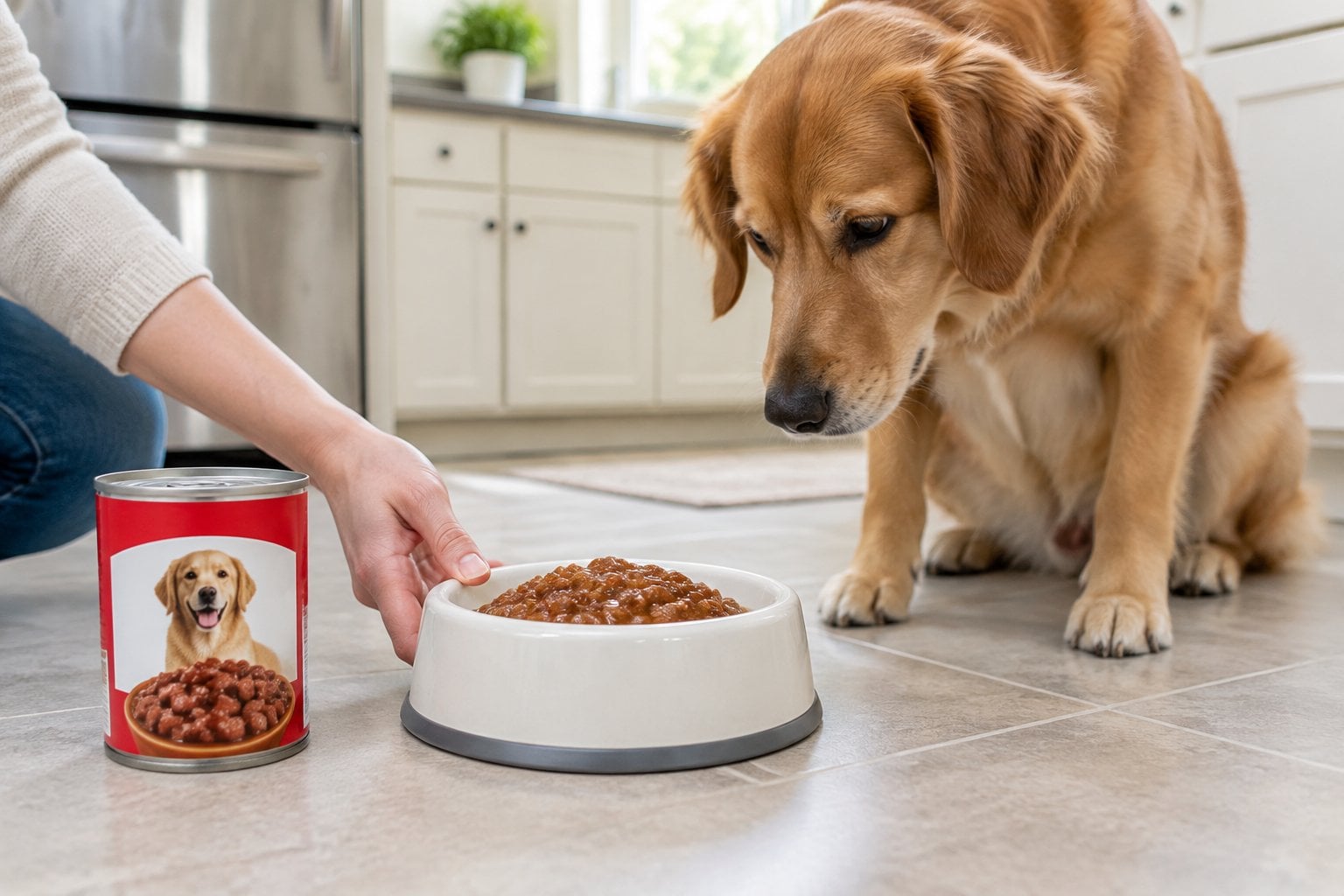 A dog cautiously sniffs a bowl of beef-colored food beside a can of dog food.