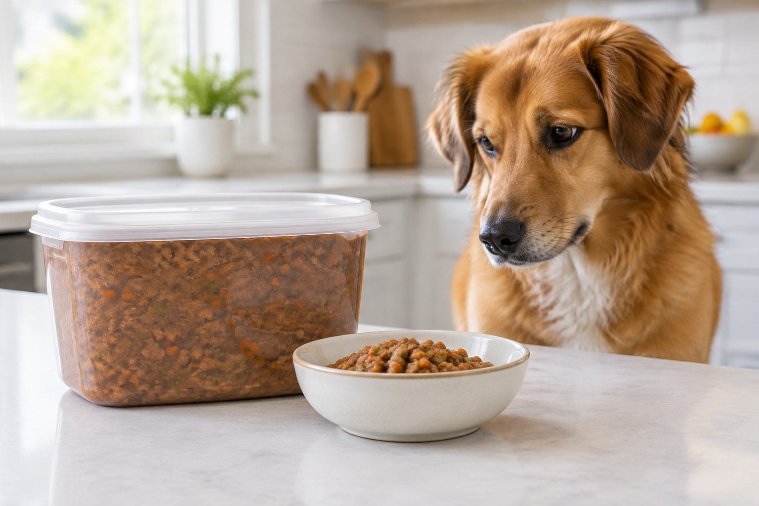 A dog looks at a bowl of chunky dog food beside a sealed container on a kitchen counter.