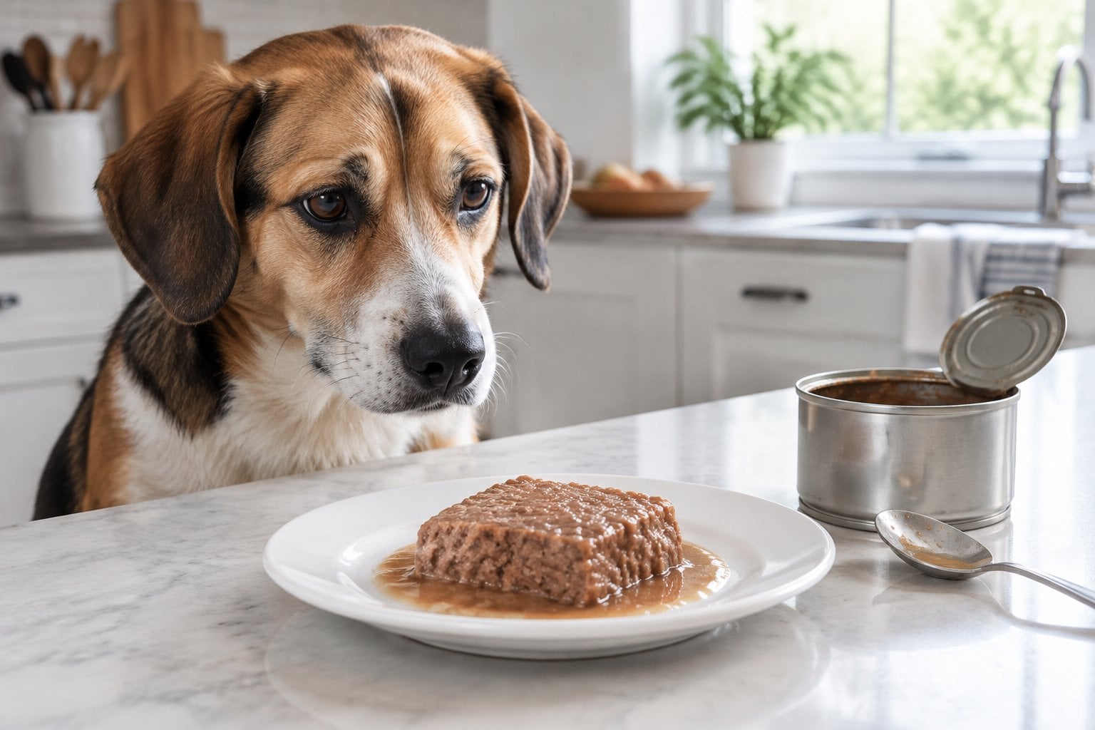 A dog looks at a plate of moist food on a kitchen counter.