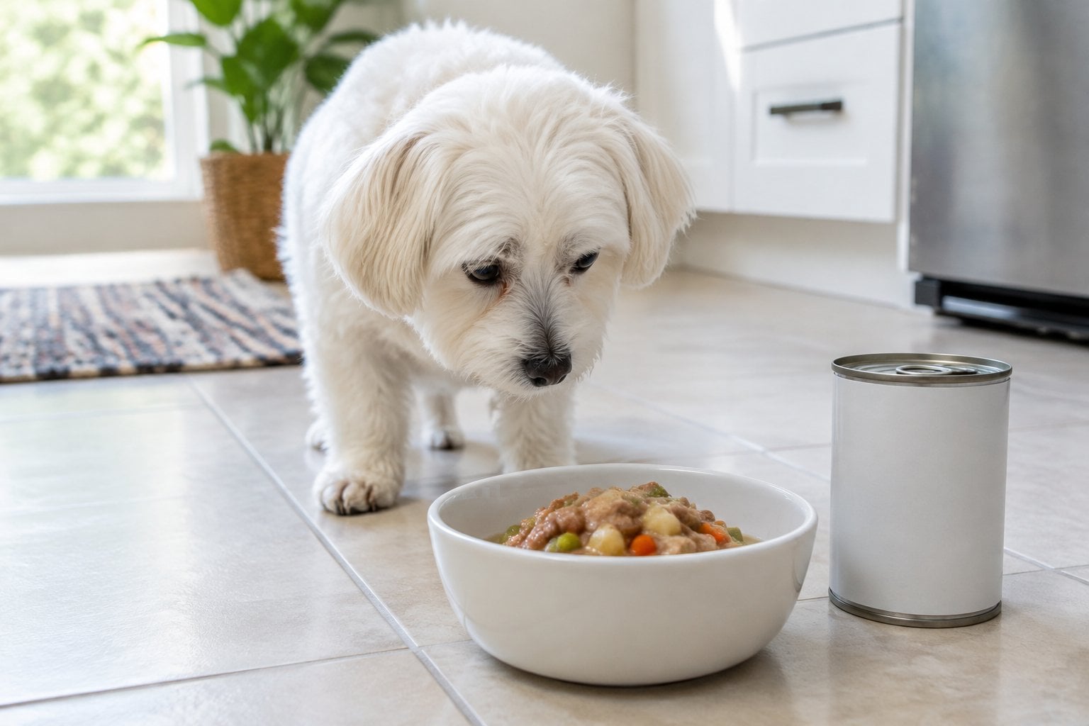A small white dog sniffs a bowl of wet food beside a plain can.
