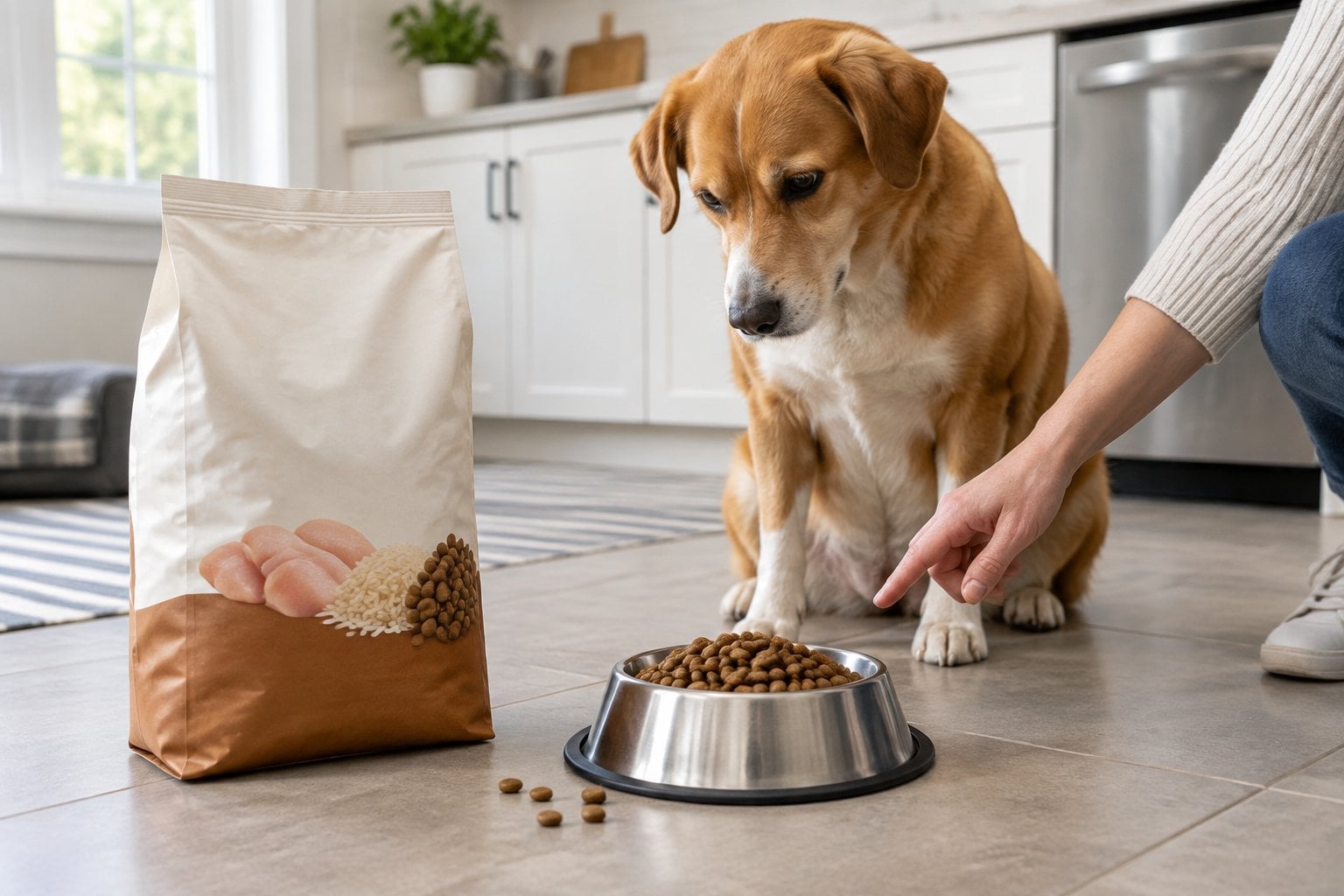 A dog sits beside a bowl of kibble and an unbranded bag of dog food.
