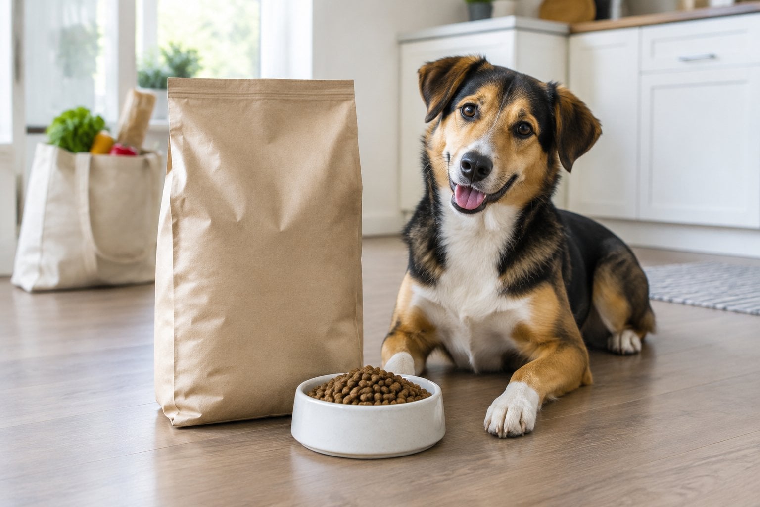 A dog stands beside a bowl of kibble and a plain bag of dog food.