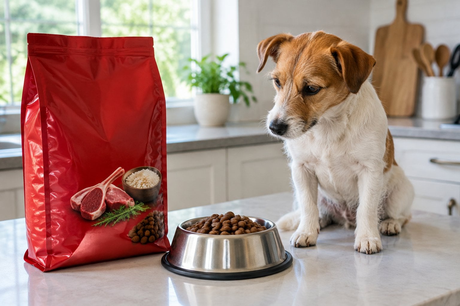 A dog sits beside a bowl of kibble and a bag of dog food on a kitchen counter.