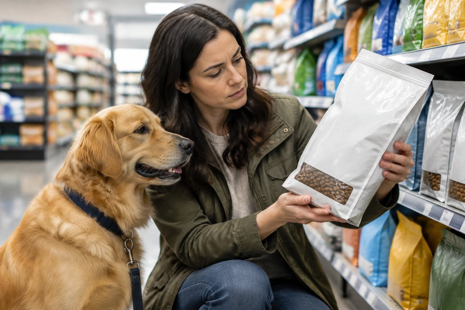 A shopper examines a bag of dog food beside a dog in a grocery store.