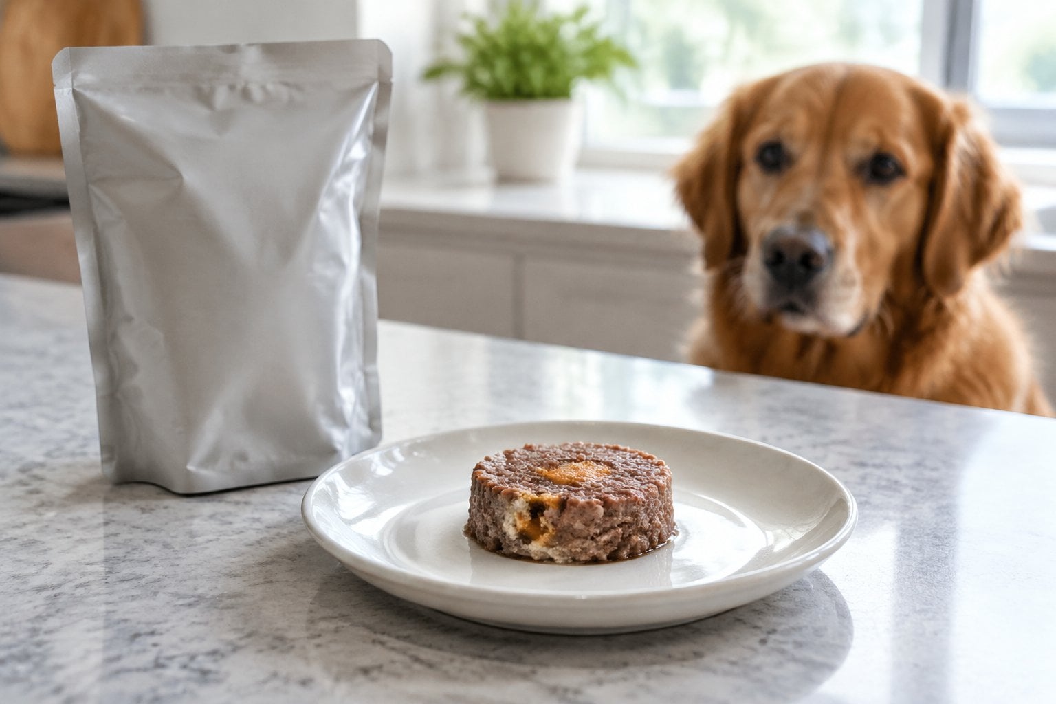 A dog waits beside a plate of soft burger-shaped dog food and an unbranded pouch.