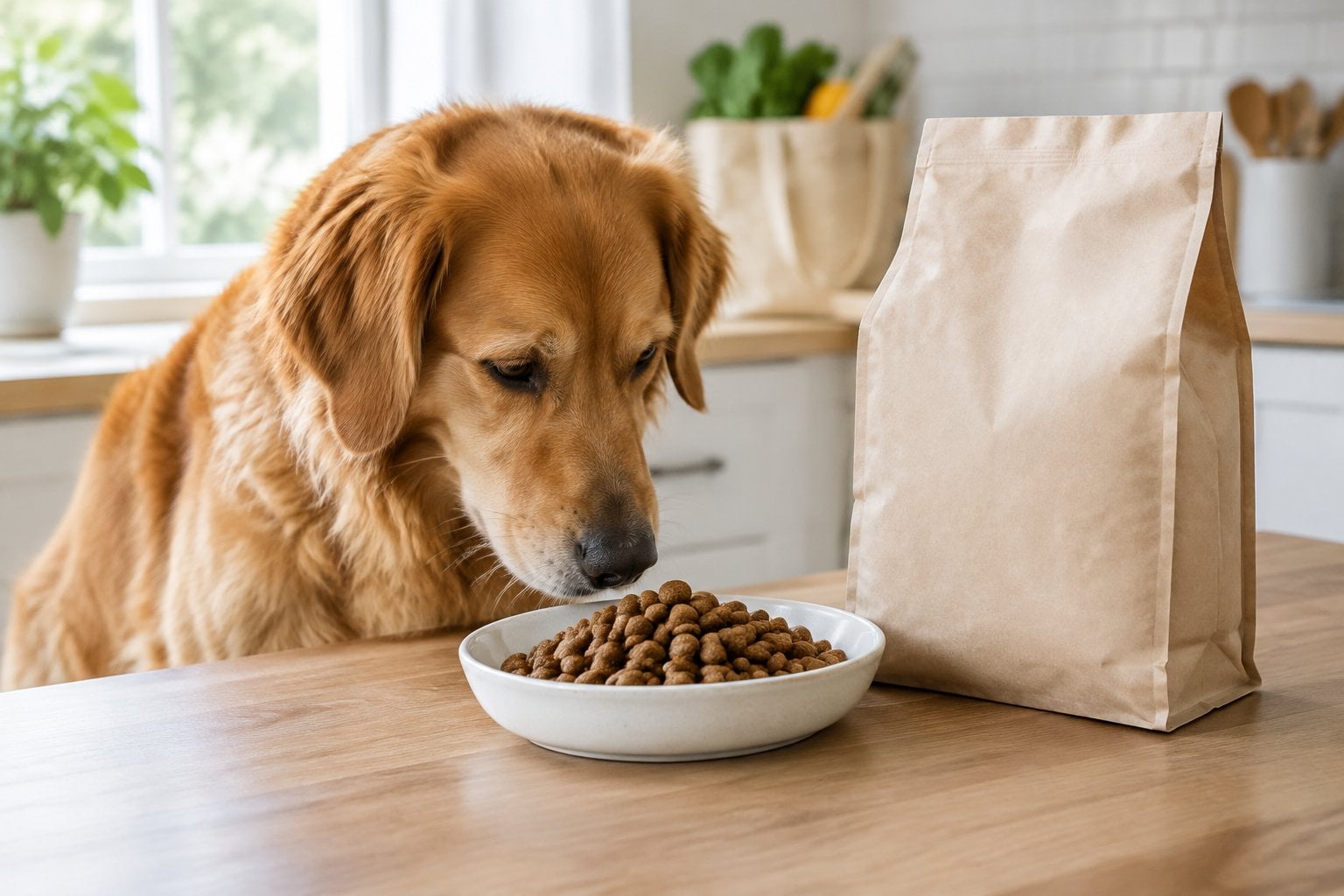 A dog sniffs a dish of dry kibble beside a plain food bag in a kitchen.