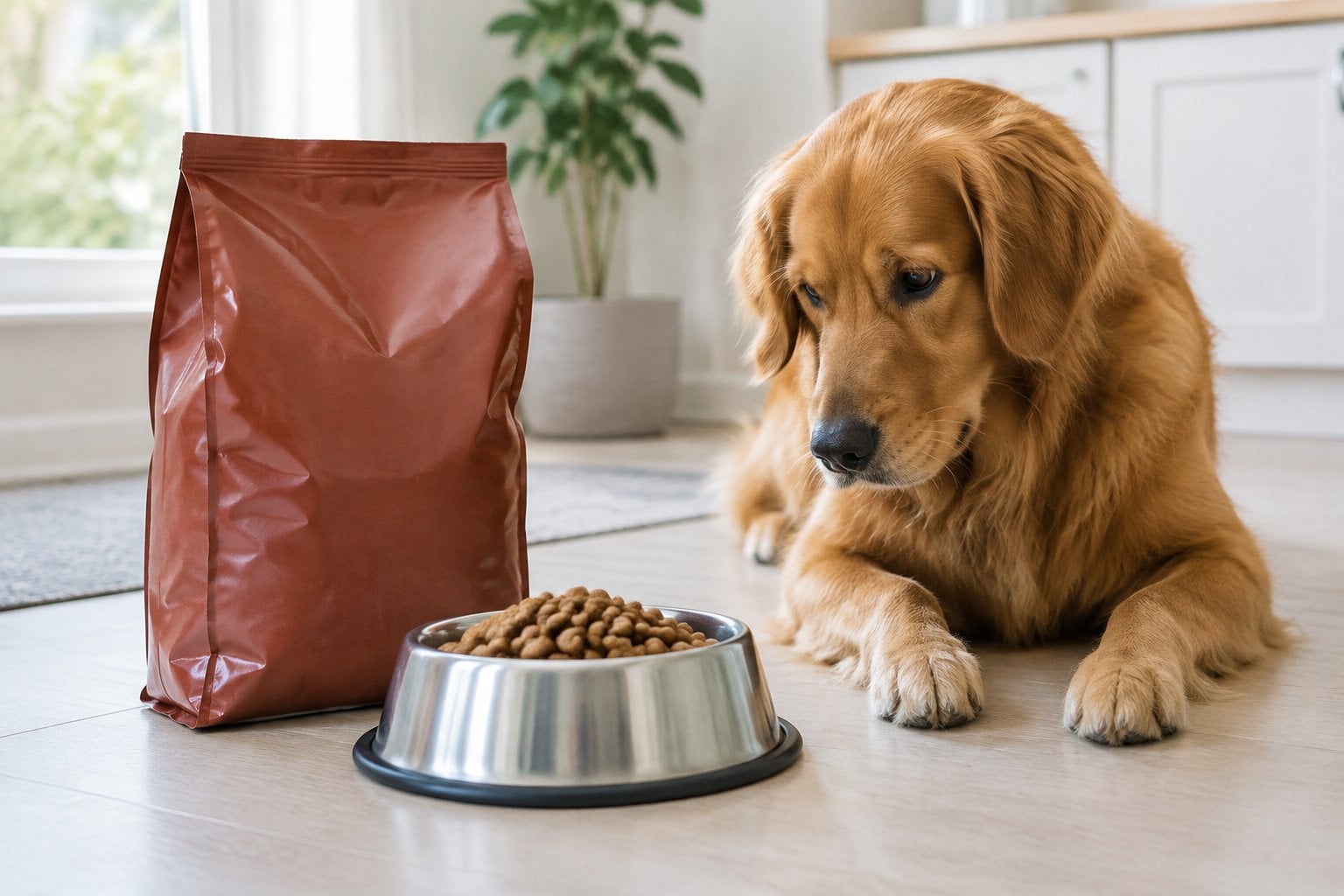 A dog stands beside a bowl of dry food and an unbranded food bag.