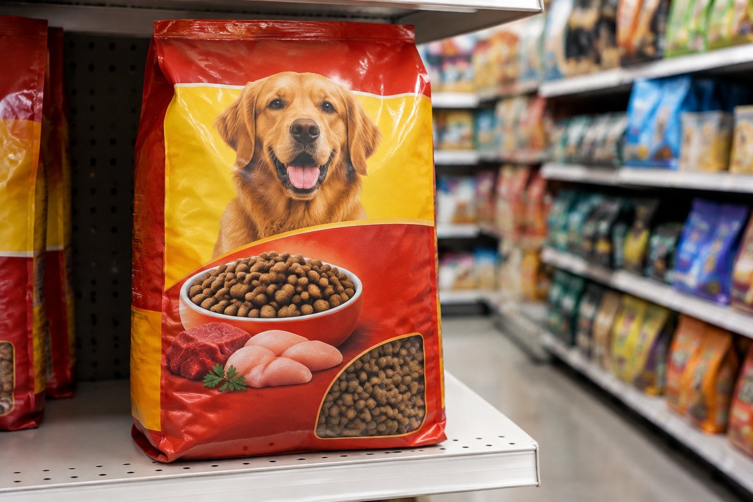 A bag of dry dog food sits on a grocery store shelf beside a small pile of kibble.