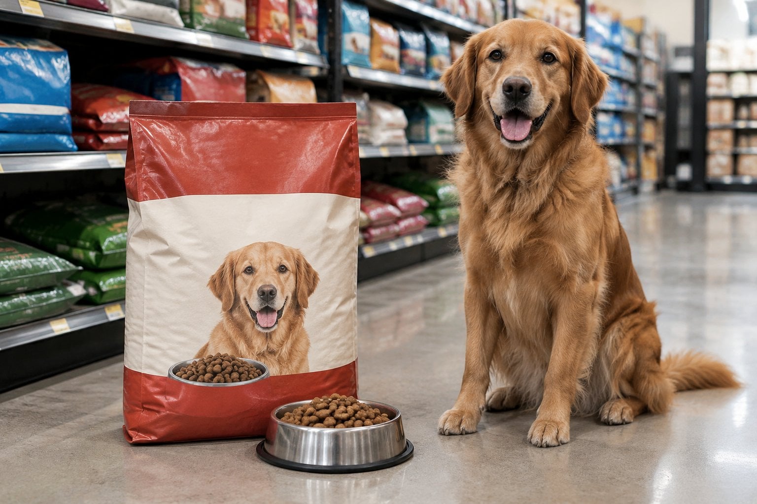 A dog sits beside a bag of dry dog food and a bowl of kibble in a grocery store aisle.