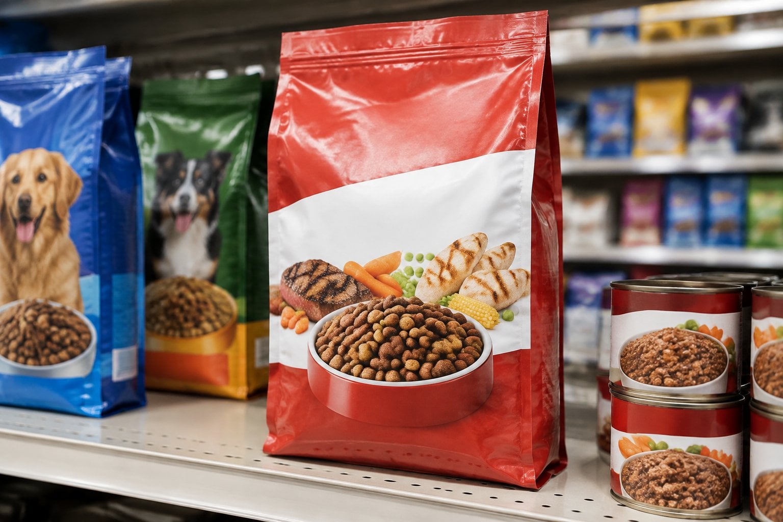 A red-and-white bag of dry dog food on a grocery store shelf.