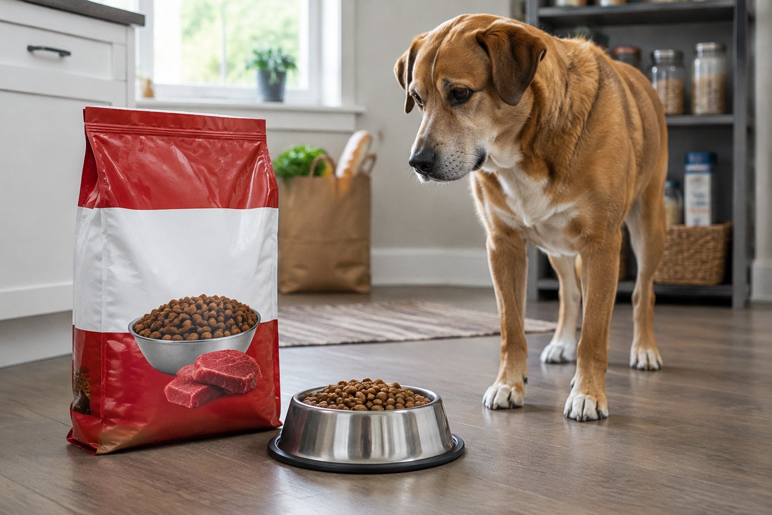 A dog stands beside a bowl of kibble and a bag of dog food in a kitchen.