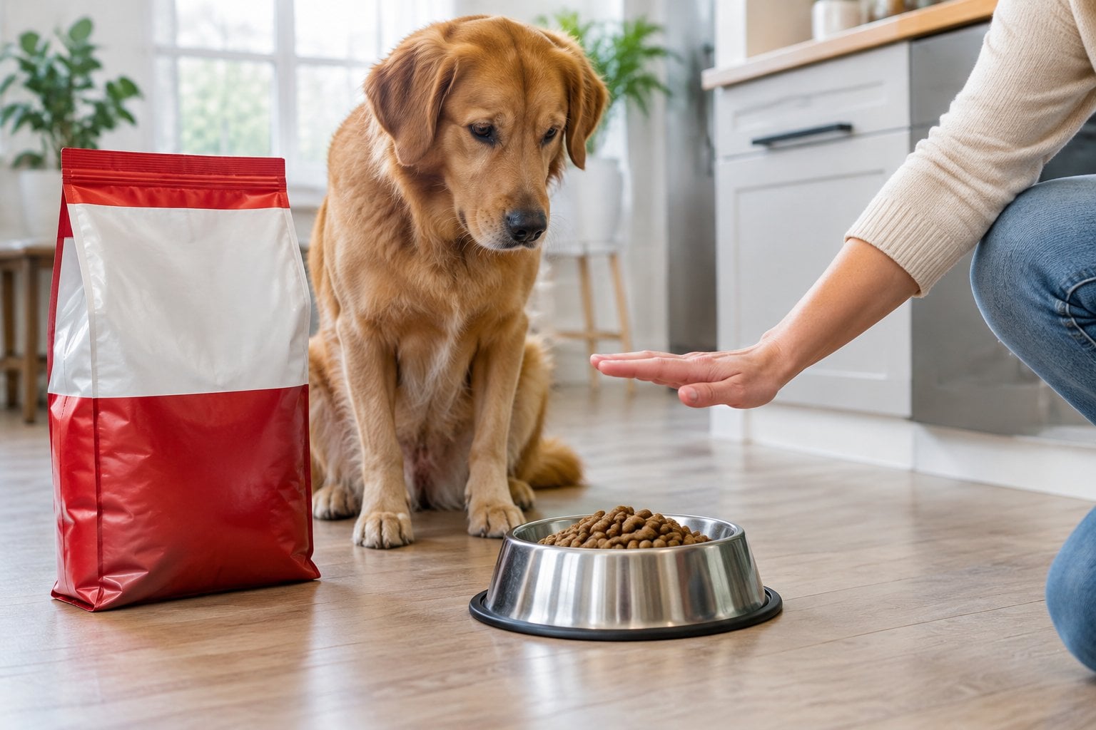 An adult dog sits beside a bowl of kibble and a bag of dog food as a person pauses before serving it.