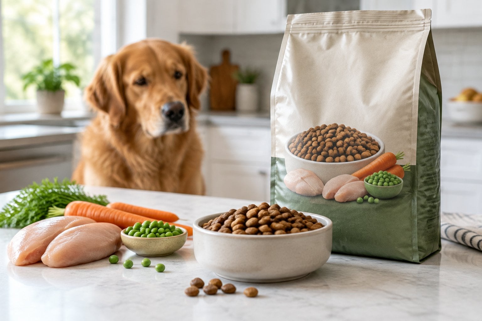 A bag of dry dog food sits beside kibble, vegetables, and a dog.