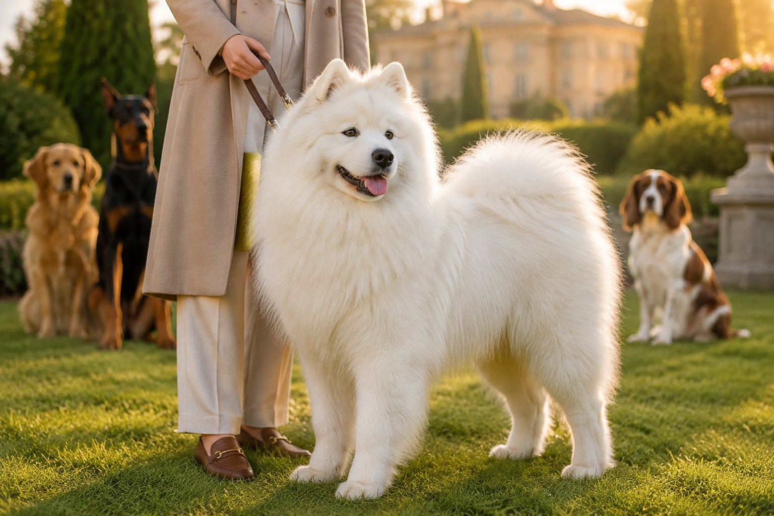 A fluffy white dog stands in an elegant garden with other dogs nearby.