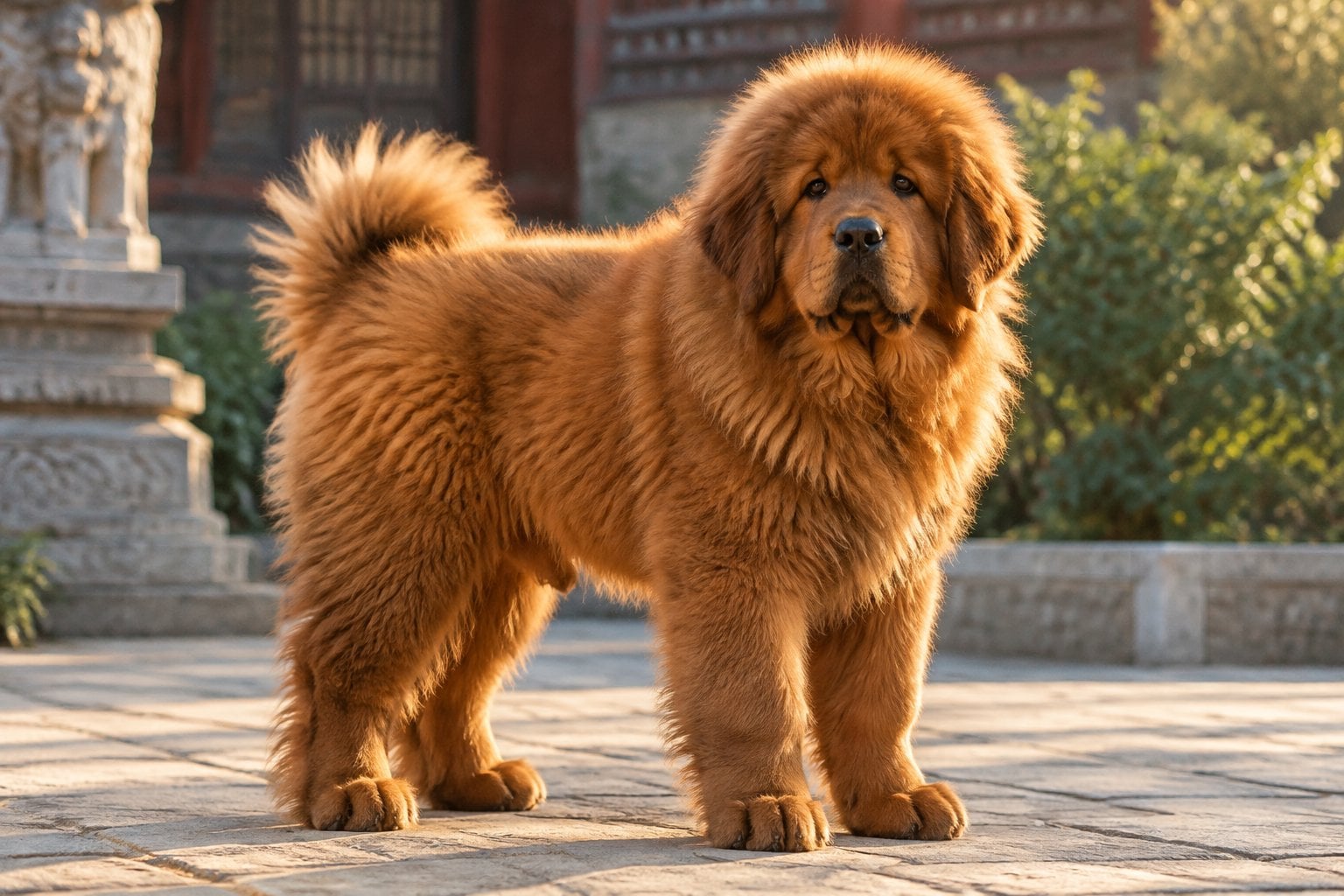 A golden Tibetan Mastiff puppy stands in a courtyard.