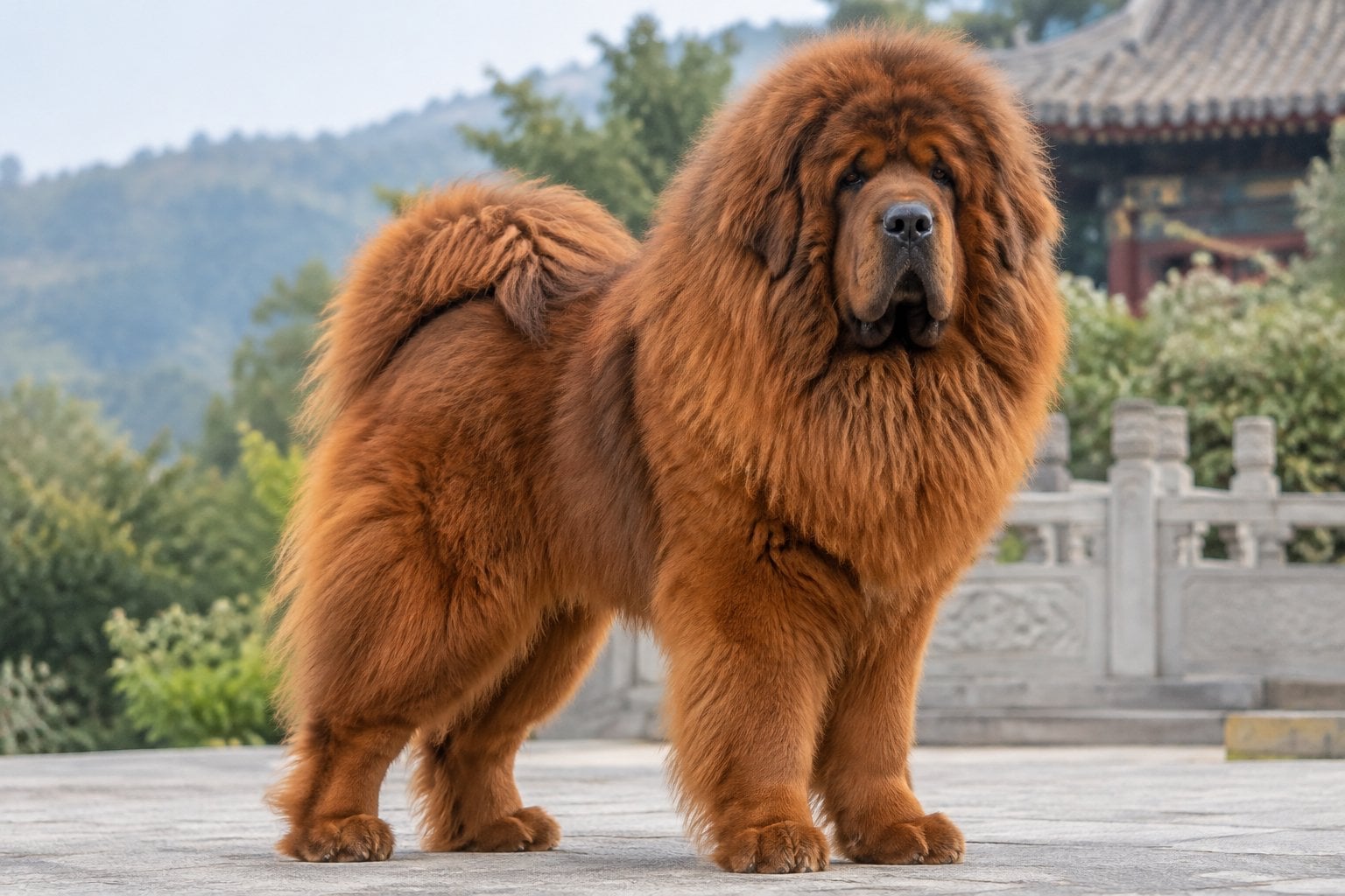 A large red Tibetan Mastiff stands in a landscaped garden.