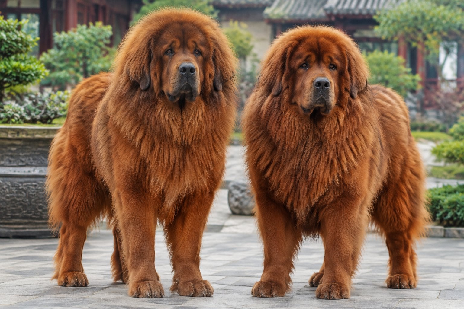Two red Tibetan Mastiffs stand side by side in a courtyard.