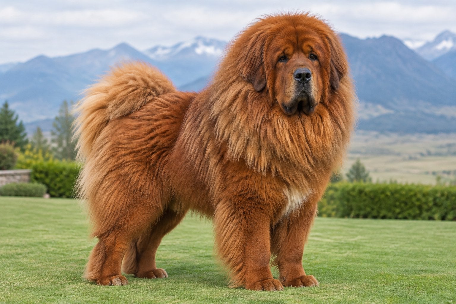 A large red-gold Tibetan Mastiff standing on a lawn with mountains in the distance.