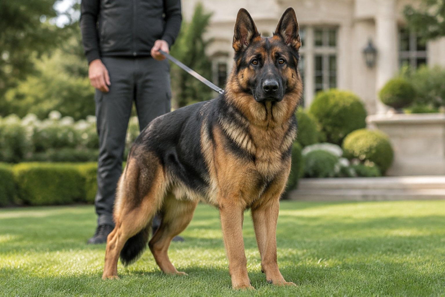 An alert German Shepherd stands on a lawn with its handler nearby.