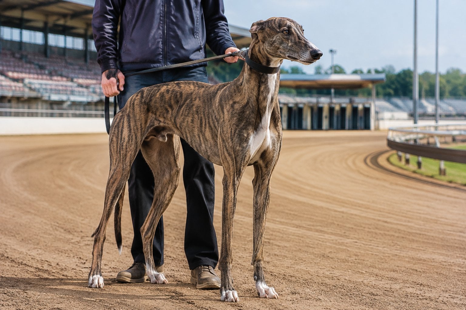 An athletic greyhound stands beside its handler at a racetrack.