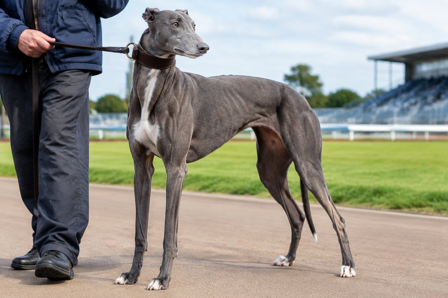 A sleek racing greyhound stands on a racetrack beside its handler.