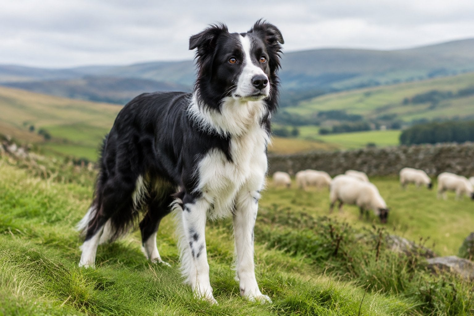 A black-and-white Border Collie stands alert on a green hillside near grazing sheep.