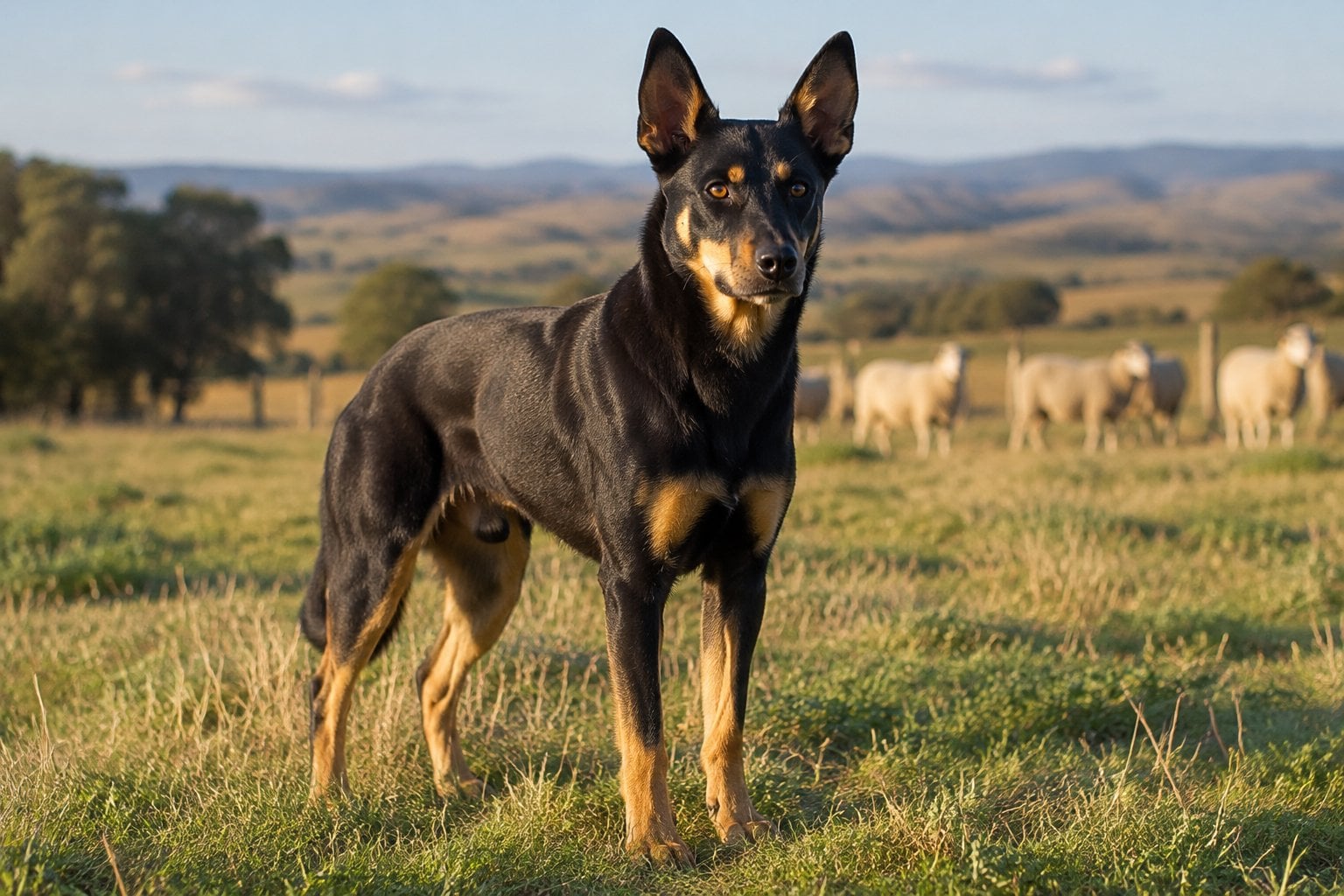 A black-and-tan kelpie stands alert in a rural paddock with sheep in the distance.