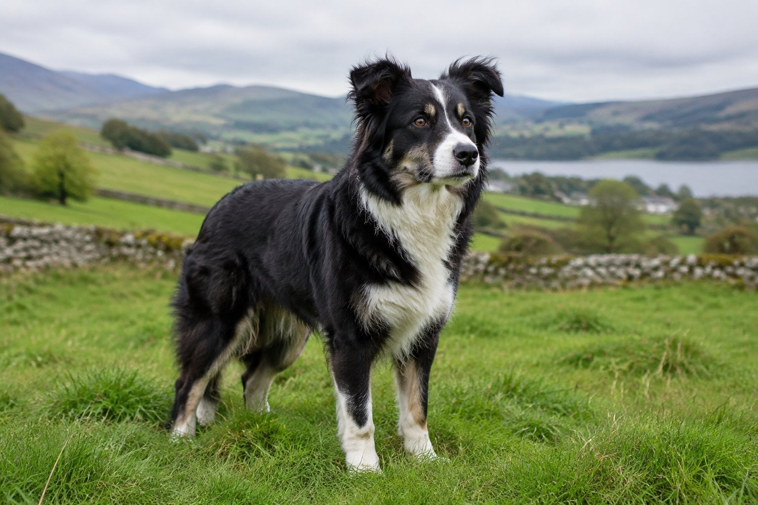 A Welsh sheepdog standing in a green pasture with rolling hills behind it.