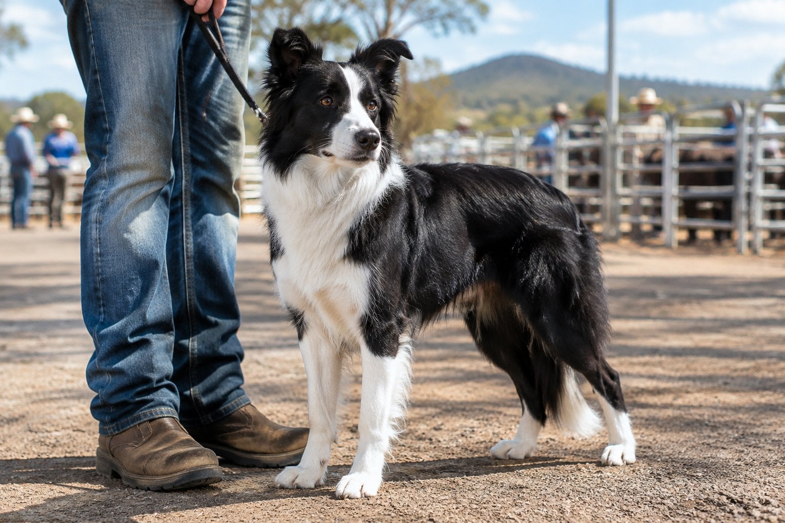 A black-and-white Border Collie stands beside its handler in a rural auction yard.