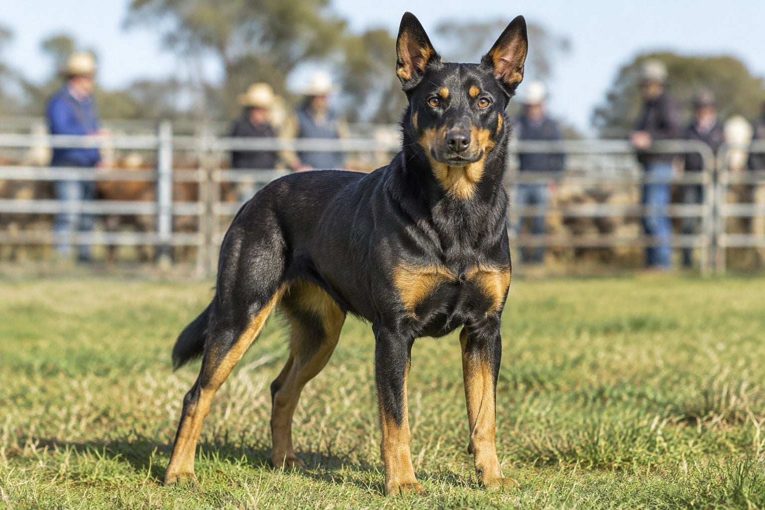 A black-and-tan kelpie stands in a grassy paddock near a fenced livestock yard.