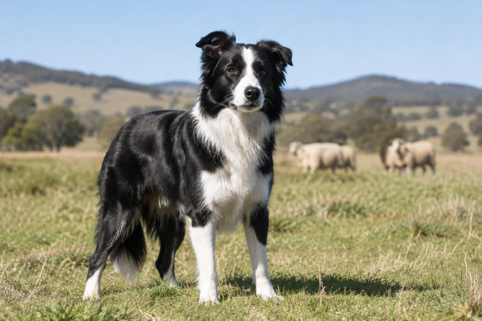 A black-and-white border collie stands alert in a sheep paddock.