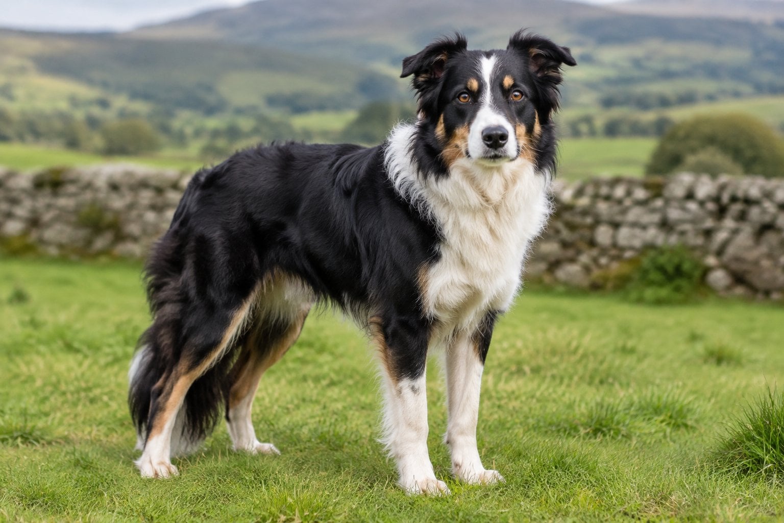 A Welsh Sheepdog stands in a green rural pasture.