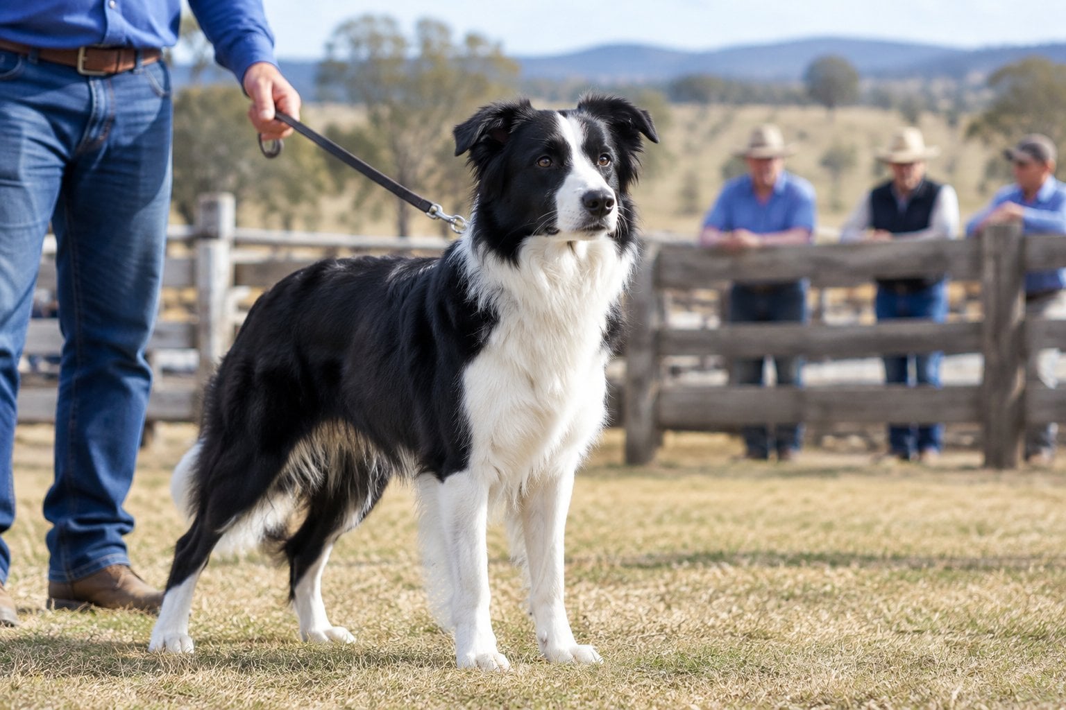 A black-and-white border collie stands beside its handler in a rural livestock auction yard.