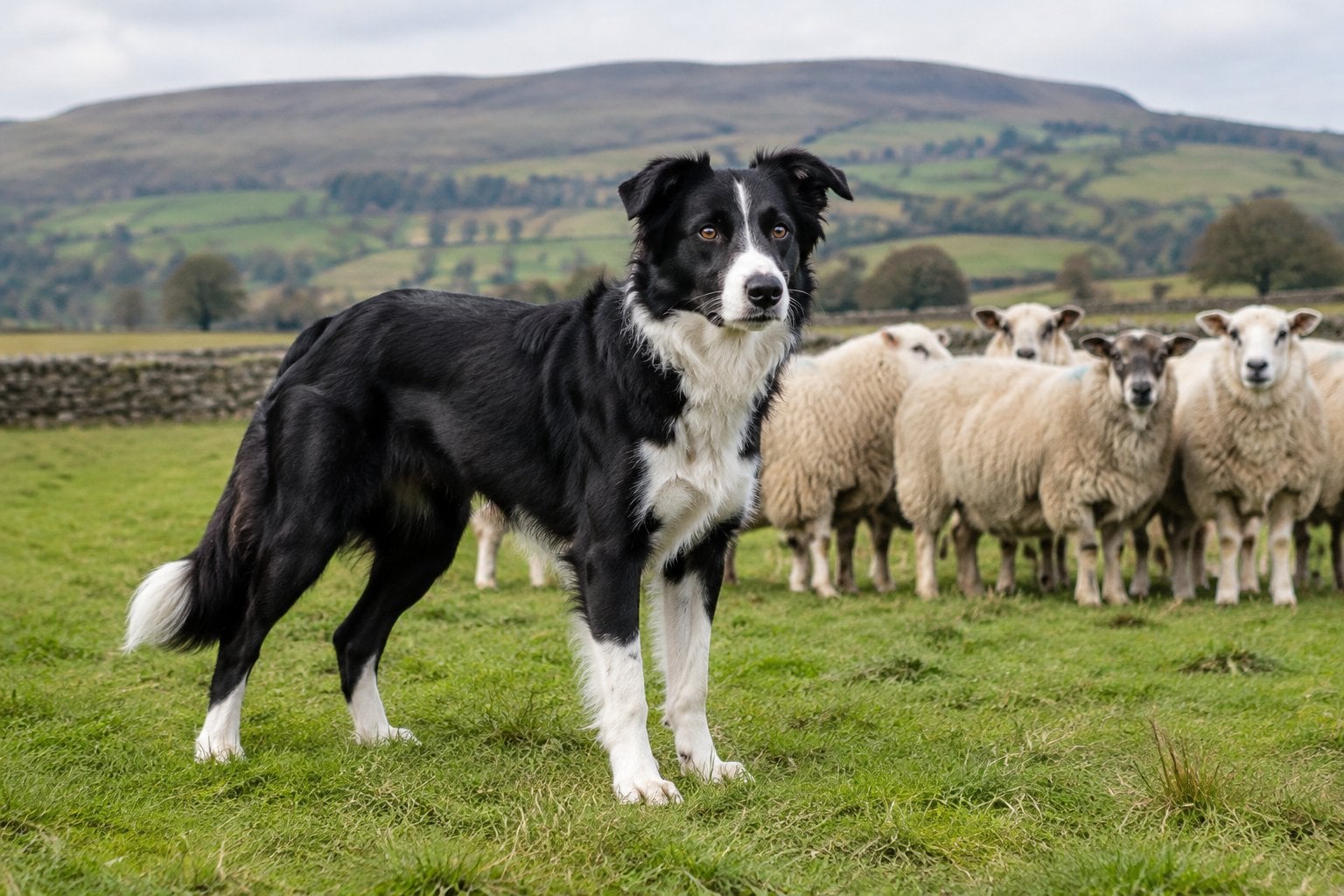 A black-and-white sheepdog stands alert beside sheep in a pasture.