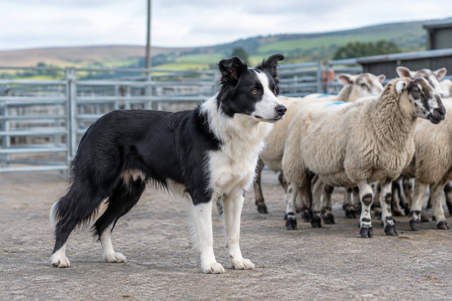 A black-and-white sheepdog stands beside sheep in a rural auction yard.
