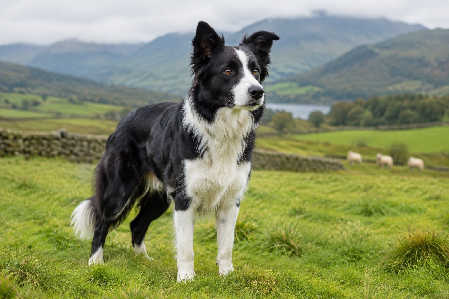 A black-and-white border collie stands in a green Welsh pasture with hills and sheep in the distance.