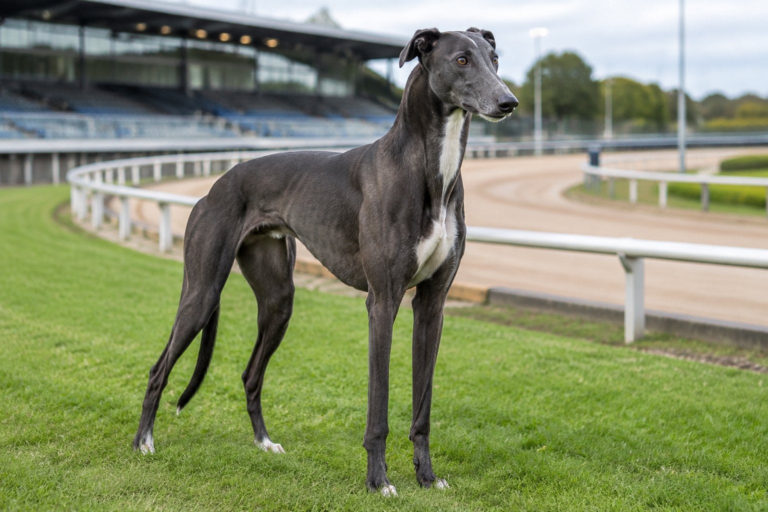 A sleek greyhound stands beside a racing track.