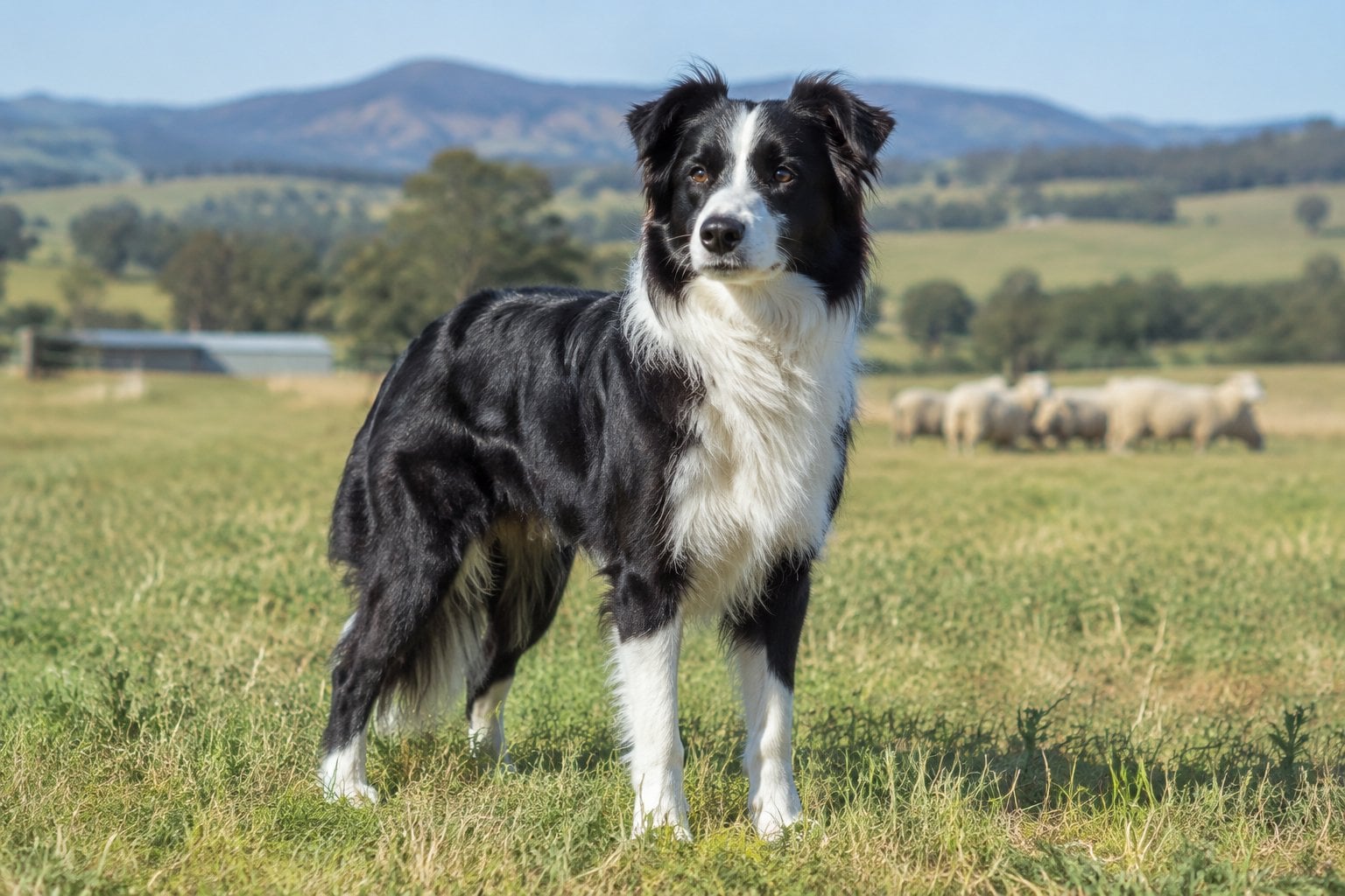 A black-and-white border collie stands alert in a green pasture with sheep in the background.