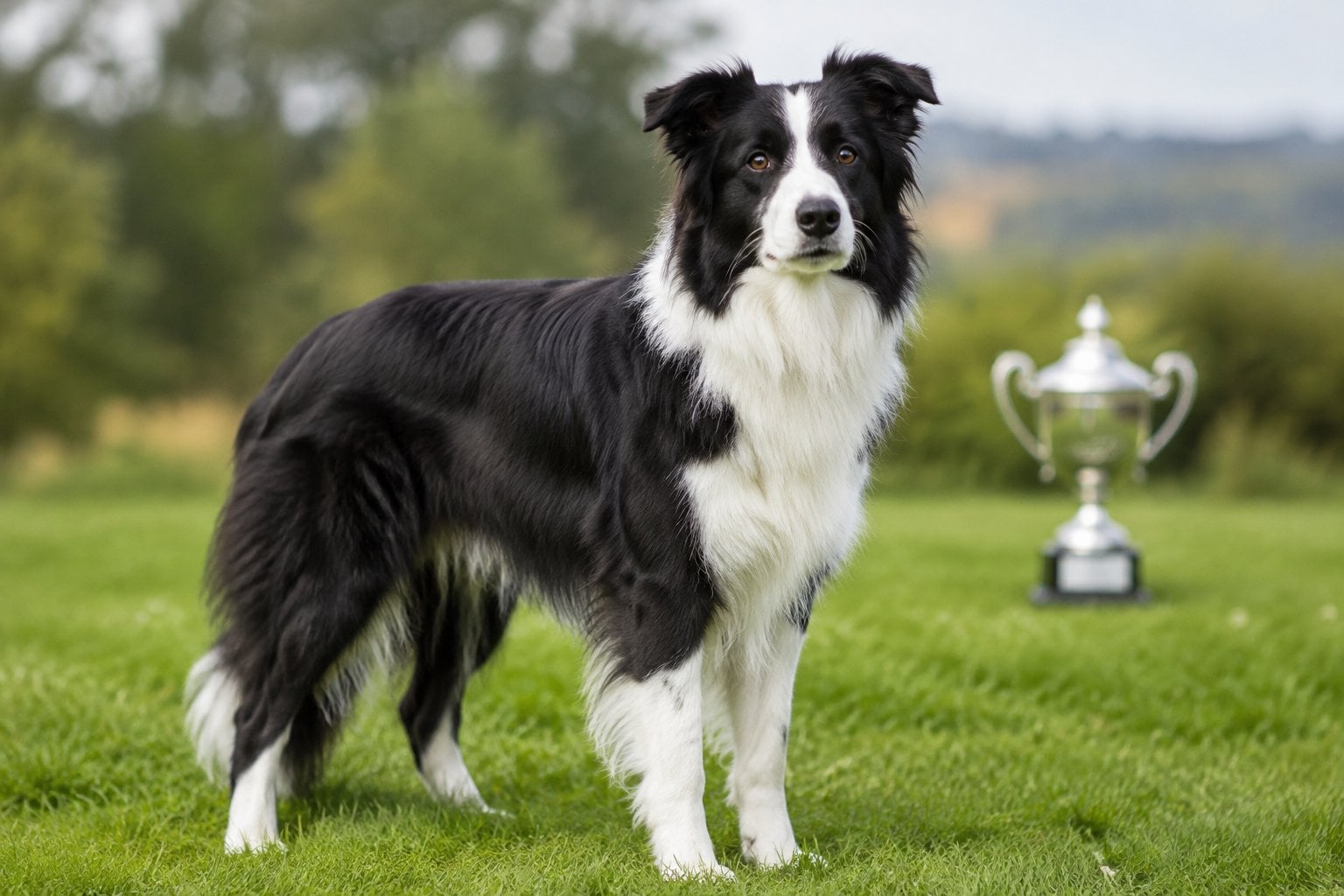 A black-and-white Border Collie stands in a green field.