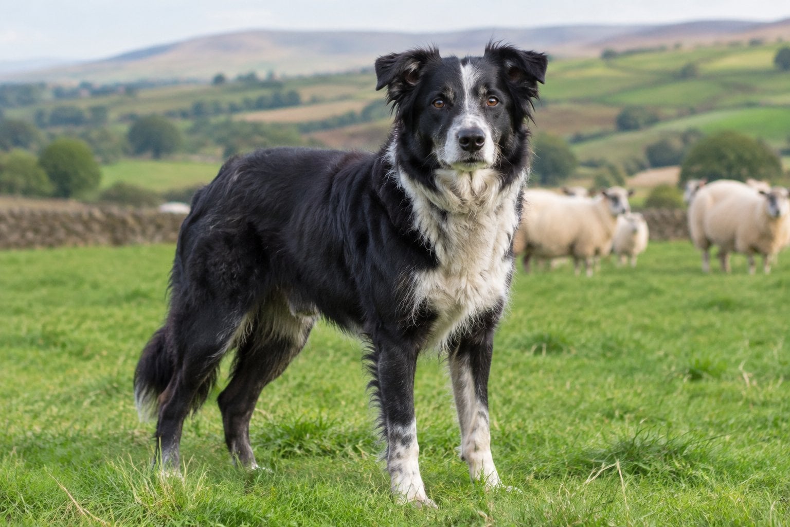 An Irish sheepdog stands in a green pasture with sheep in the background.