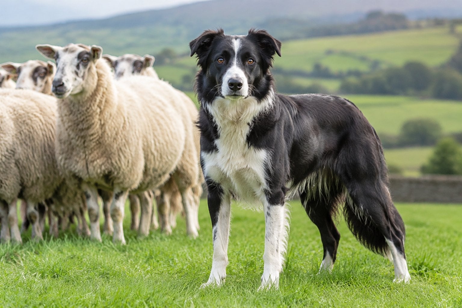 A sheepdog stands alert beside sheep in a green pasture.
