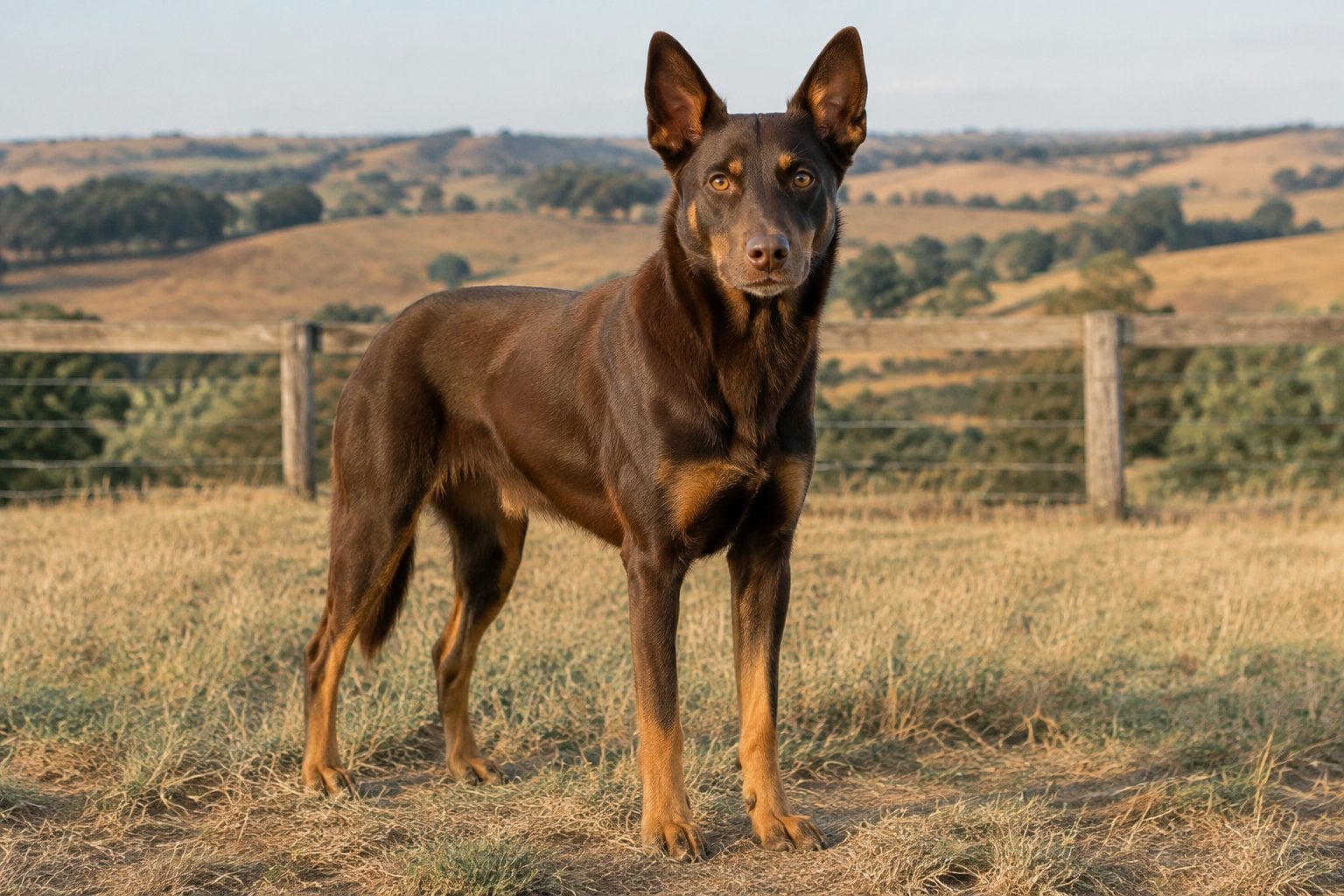 A kelpie stands in a rural paddock.