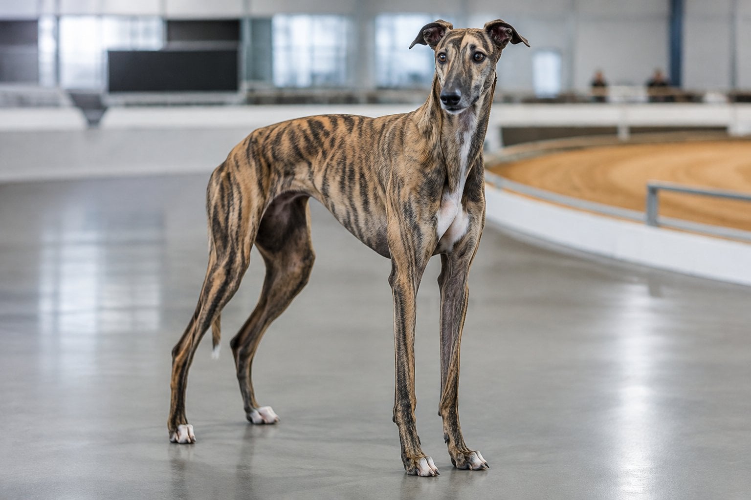 A brindle greyhound stands in an indoor racing venue.