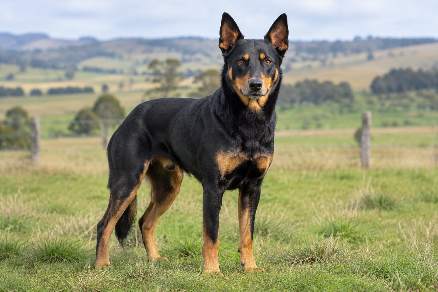 A black-and-tan kelpie stands alert in a grassy rural field.