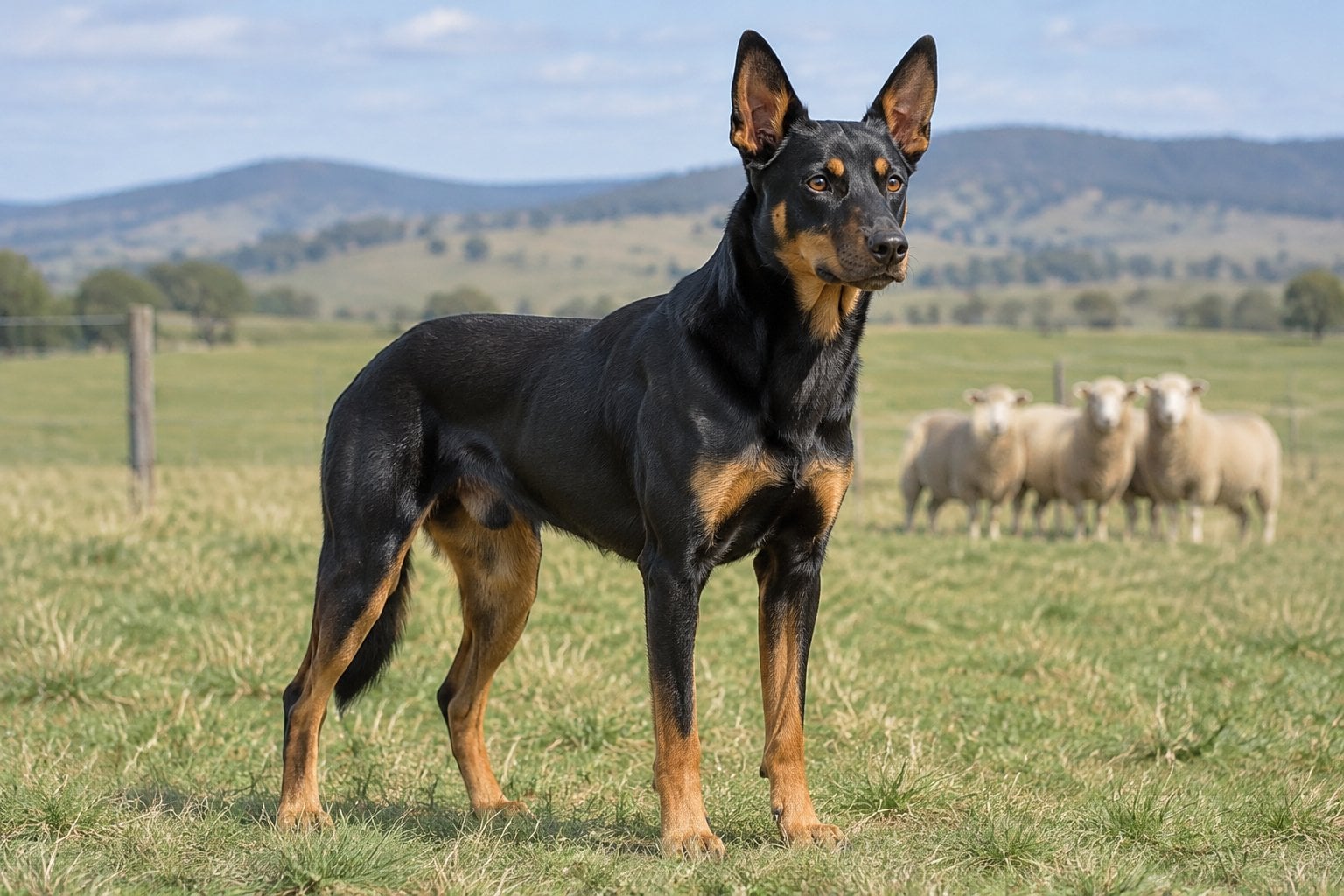A black-and-tan kelpie stands alert in a grassy field with sheep in the distance.